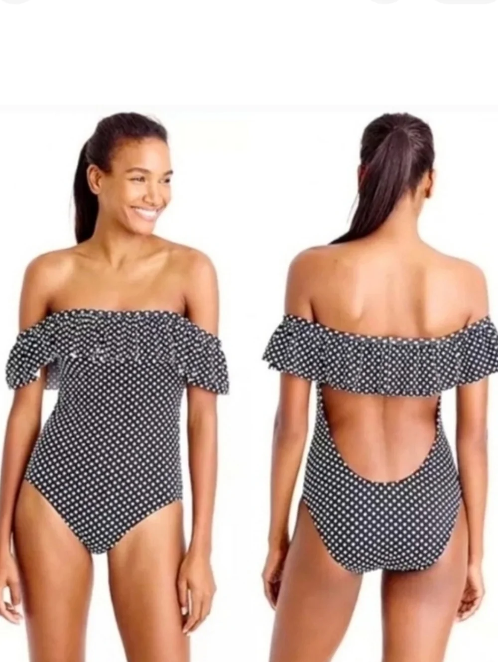 SALE J Crew Off Shoulder Ruffled Polka Dot One Piece Swimsuit Open Back Black 10